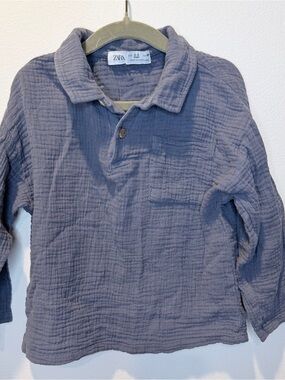 Zara Girls Blue Textured Long-Sleeve Collared Shirt